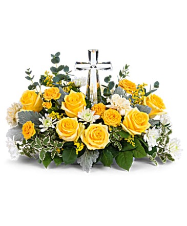 Be The Light        Best Seller White and Golden Blooms with Crystal Cross in Gainesville, FL | PRANGE'S FLORIST- Sara & Lilli V