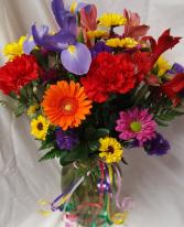 "Bright Delight Bouquet"  Mixture of seasonal (E) Bright flowers arranged in a vase!!