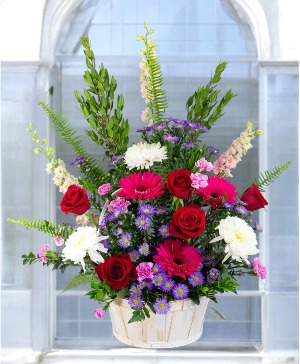 Adoration: Pink, White and Red  Basket Arrangement