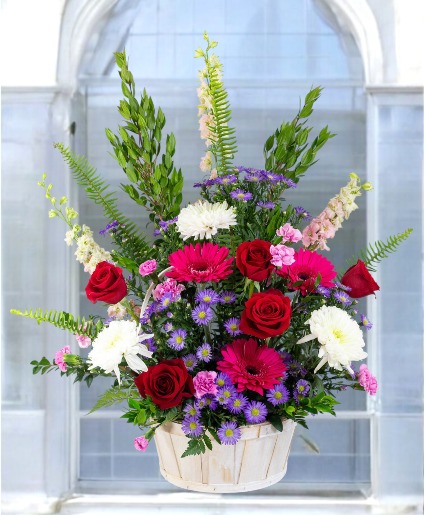 Adoration: Pink, White and Red  Basket Arrangement