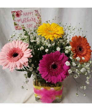 Gerbera Brights...with Happy Mother's Day (MD) PIc...4 mini gerbera daisies with filler in a vase!