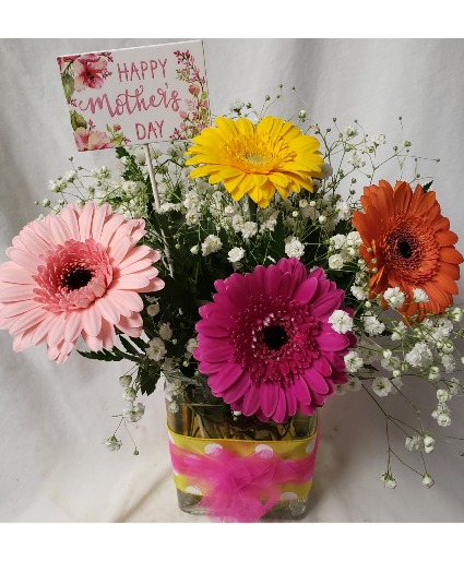 Gerbera Brights...with Happy Mother's Day (MD) PIc...4 mini gerbera daisies with filler in a vase!