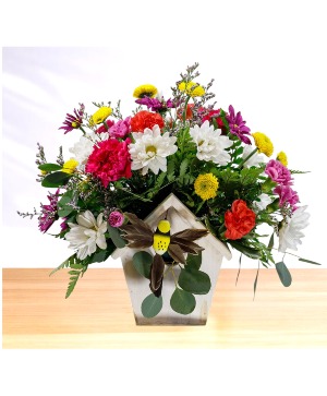 Birdhouse Blooms  Bird House Wooden Box Arrangement