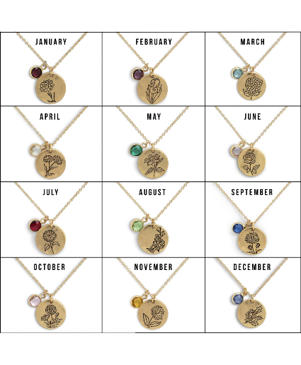 Birth Stone & Birth Flower Pendant Necklace 