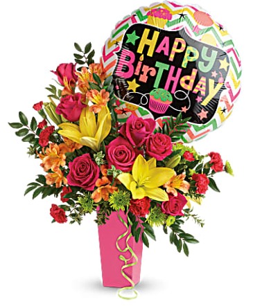 Birthday Bash in a vase with balloon in Oakdale, NY | POSH FLORAL DESIGNS INC.
