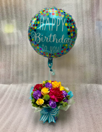 Birthday Present Bouquet with Balloon Flower arrangement