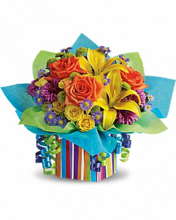 Birthday Present Yellow orange and purple assorted flowers/boxes