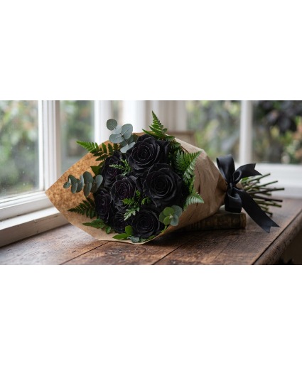 Black Rose Bouquet with dyed black fresh roses and greens