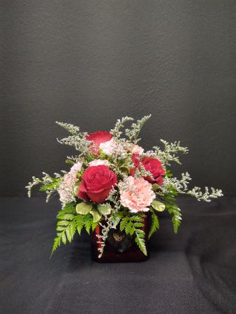 Bliss glass cube Valentine arrangement