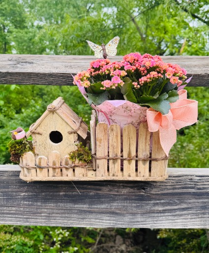 Blooming Garden Birdhouse Basket Floral Arrangement
