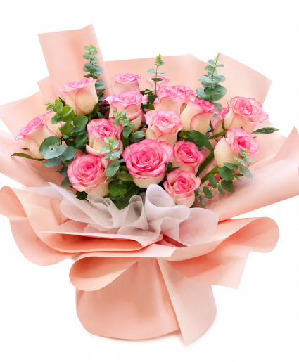  Blooming Pink Roses with Eucalyptus 