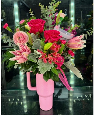 Blooming Tumbler Floral Arrangement with mix florals and 40 oz. tumbler mug in Detroit Lakes, MN | Central Floral and Gifts