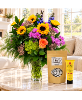 Blooms and Blessings Mixed Floral with Sunflowers, Candy & Naked Bee Lotion 