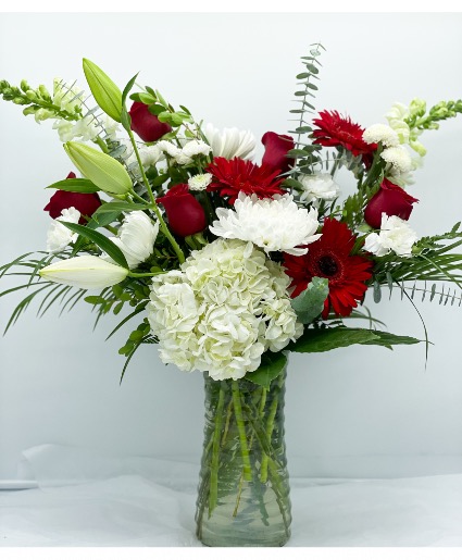 Blooms from the heart  Vase red and white flowers 