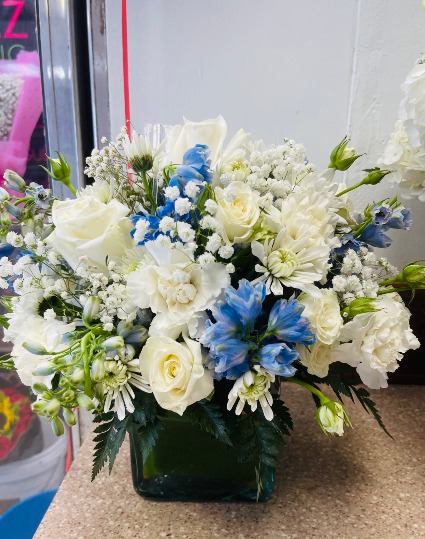 Blue and White Arrangement in a cube vase 