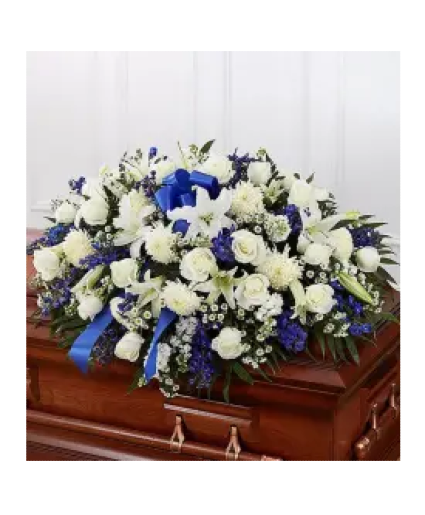 blue and white casket blanket Floral Design