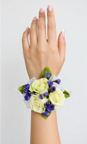 Blue and White Dazzling Wrist Corsage