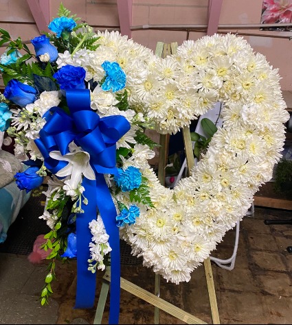 BLUE AND WHITE HEART STANDING SPRAY