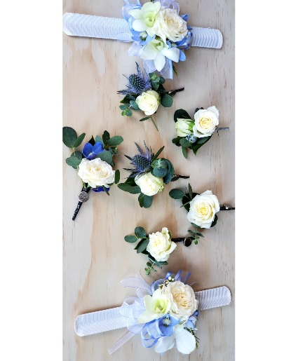 Blue and White personal flowers corsage and boutonnieres