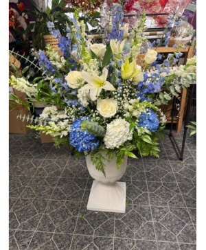 Blue and White Standing Spray  Pillar style 