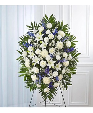 Blue and white standing spray spray