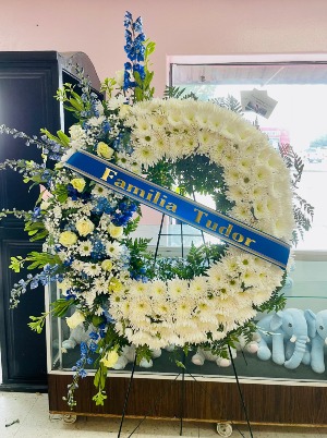 Blue and White Standing Wreath Measurement: 30 inches 