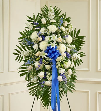 Blue and White Sympathy Standing Spray Funeral Flowers