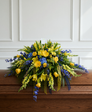 Blue and Yellow Blanket Casket Spray