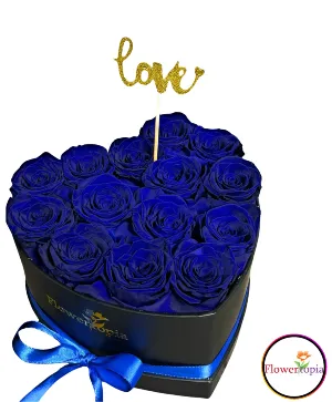 14 Blue Preserved Roses in a Heart Box Preserved Rose Box 