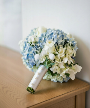 Blue Hydrangea And White Rose Wedding Bouquet