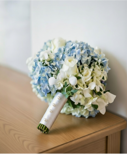 Blue Hydrangea And White Rose Wedding Bouquet
