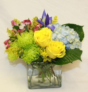 Blue Hydrangea Square Glass Cube Arrangement