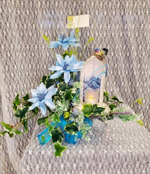 Blue Magnolia's, Bluebird and Rejoice Candle Silk Arrangement