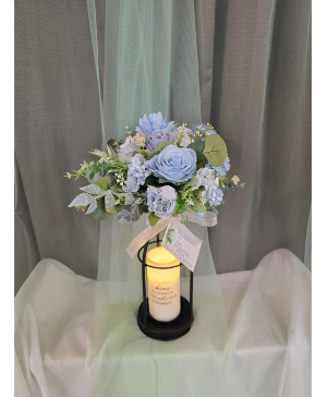 Blue Memorial candle with lantern & faux flowers Sympathy