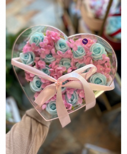 Blue & pink foam rose heart box 