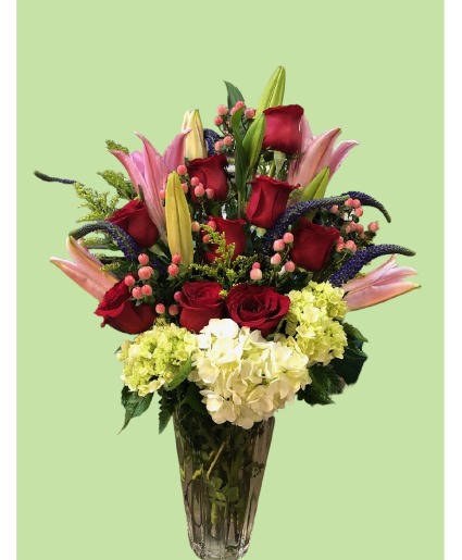 PINK LILIES AND MORE  PINK LILIES AND RED ROSES WITH MORE FLOWERS