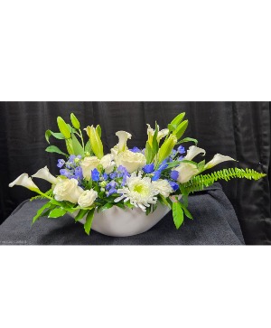 Blue & White Arrangement in White Ceramic Boat All Occasions 