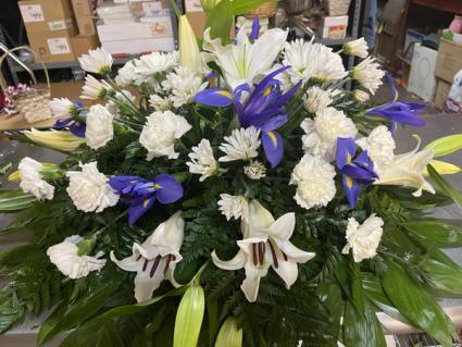 Blue & white Casket spray