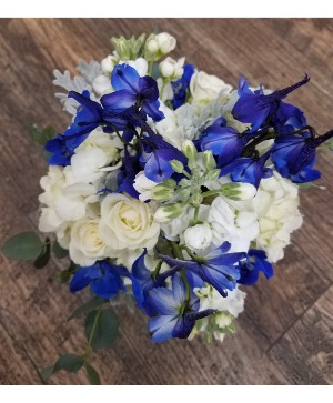 Blue & White Handwrap Blue Delphinium, White Roses, White Stock