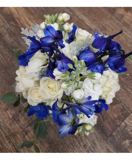 Blue & White Handwrap Blue Delphinium, White Roses, White Stock