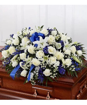 Blue & White Mixed Half Casket Cover sympathy arrangements