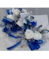 Blue White & Silver Corsage