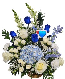 Blue & white sympathy basket  Funeral flowers