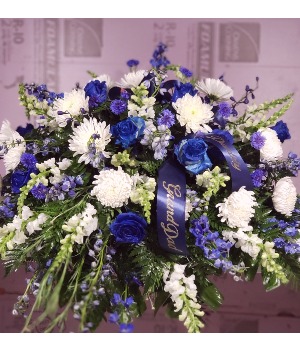 Blue with White casket spray