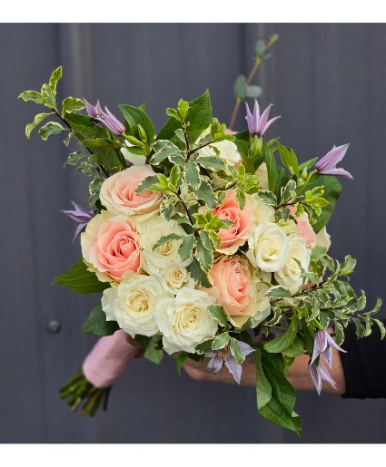 Blush and white with pops of lavender blue wedding bouquet