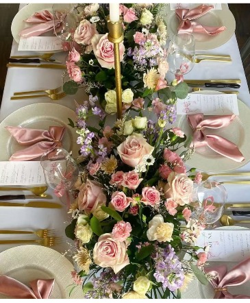 Blushing Elegance Floral Runner & Candelabra Centerpiece in Winnipeg, MB | CHARLESWOOD FLORISTS