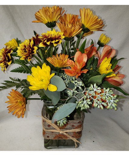 FALL FLING...small rectangular vases with (F) ribbon detail and fall daisies and alstramaria lily...colors will vary with stock 