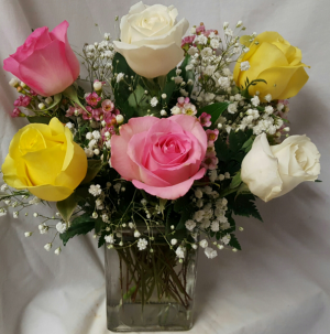 6 Mixed Roses arranged in a Vase with  (R) filler! (Color of roses may vary and filler )