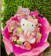 Bouquet with plushie Bouquet made of roses, carnations, daysies, etc.