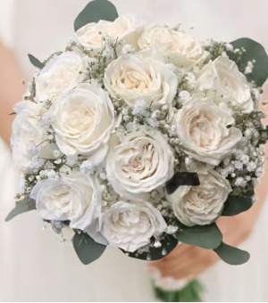 BRIDAL HAND-TIED BOUQUET WHITE ROSES AND BABY'S BREATH